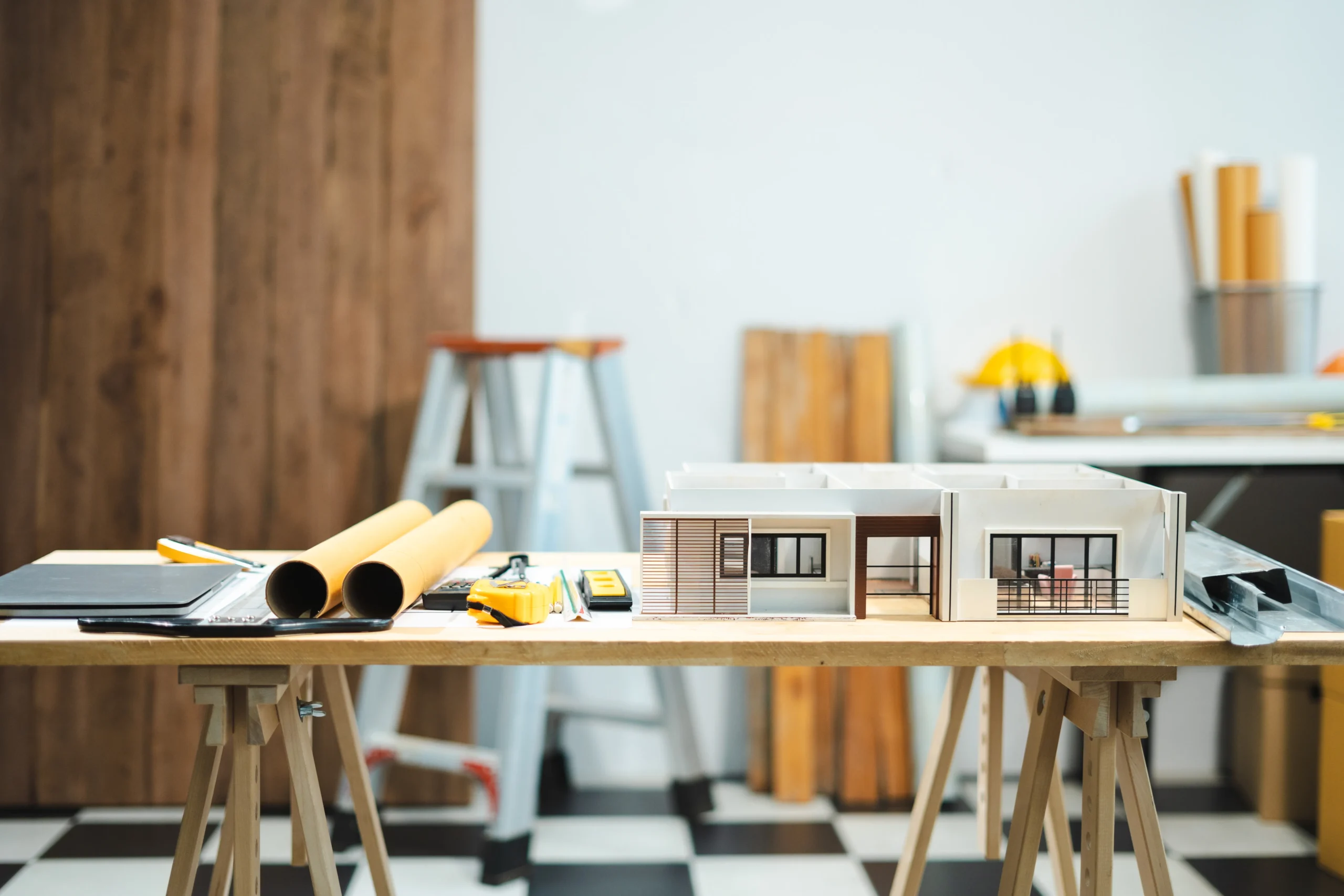 Cómo remodelar una casa: fotografía de la maqueta de una casa de un piso y a lado planos enrollados.