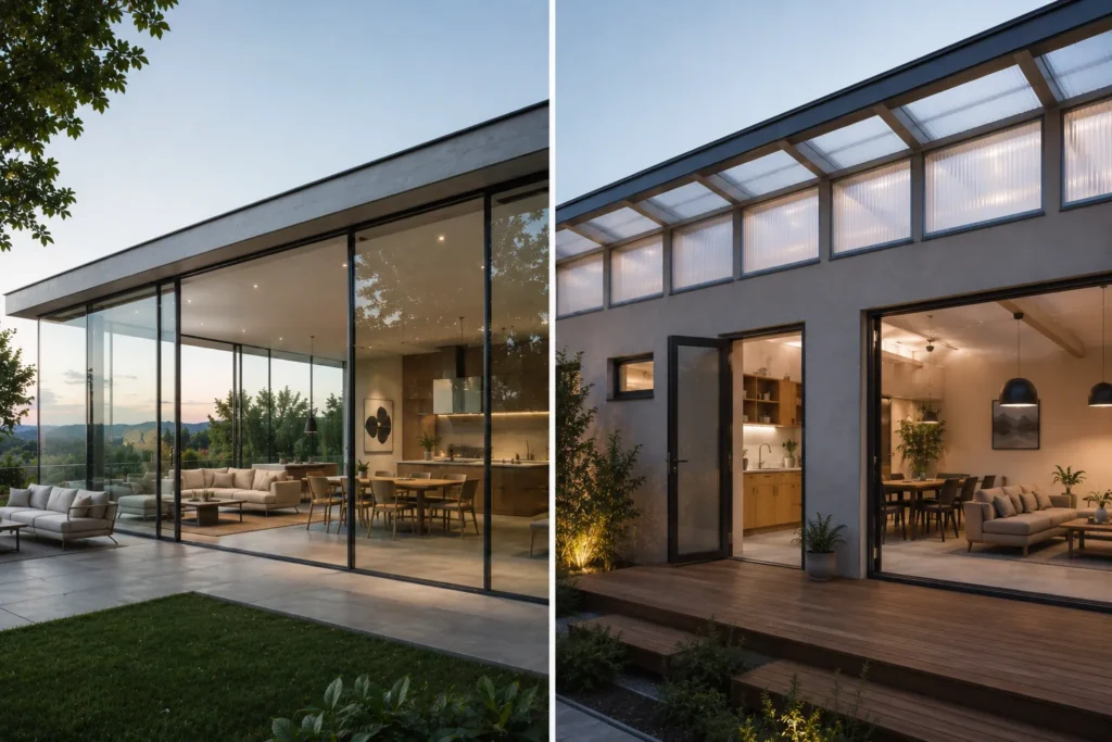Policarbonato vs vidrio: dos fotografías de casas, una utilizando vidrio y otra utilizando policarbonato en sus ventanas.
