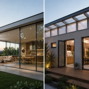 Policarbonato vs vidrio: dos fotografías de casas, una utilizando vidrio y otra utilizando policarbonato en sus ventanas.